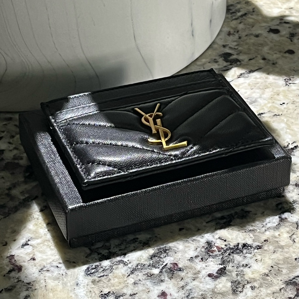 YSL Black Leather Card Holder with Original YSL box and Card